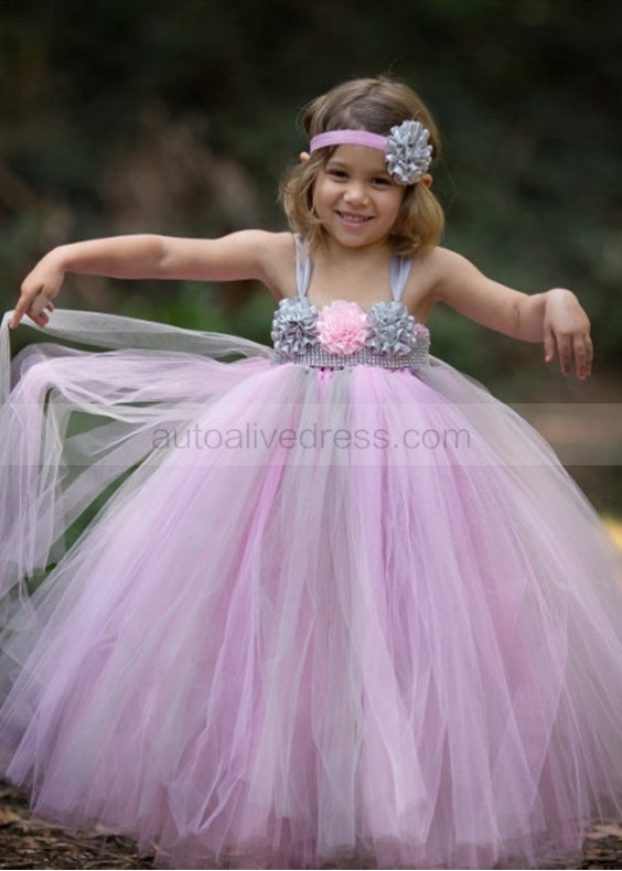 Pink Gray Tulle Tutu Flower Girl Dress